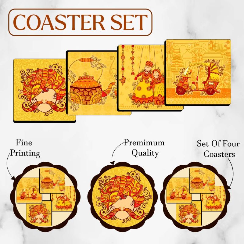 Set of 4 Printed Wooden Coaster for Tea Cups, Coffee Mugs, Glasses and Bottles | Home and Kitchen, Office Table Decor | Dining Table Decor Accessories (Rajasthani Culture Coaster)